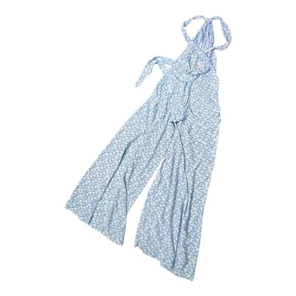 XS Free People Arlo Jumpsuit Blue Ice Combo Floral Halter Wide Leg Boho - Picture 6 of 6